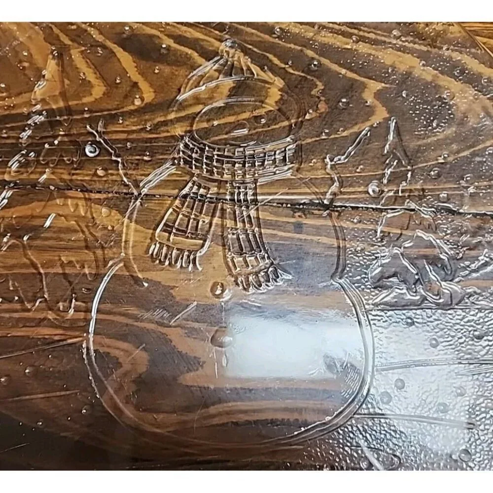 12.5 In Clear Glass Snowman w/Tree Scarf Christmas Dish/Tray/Serving Platter